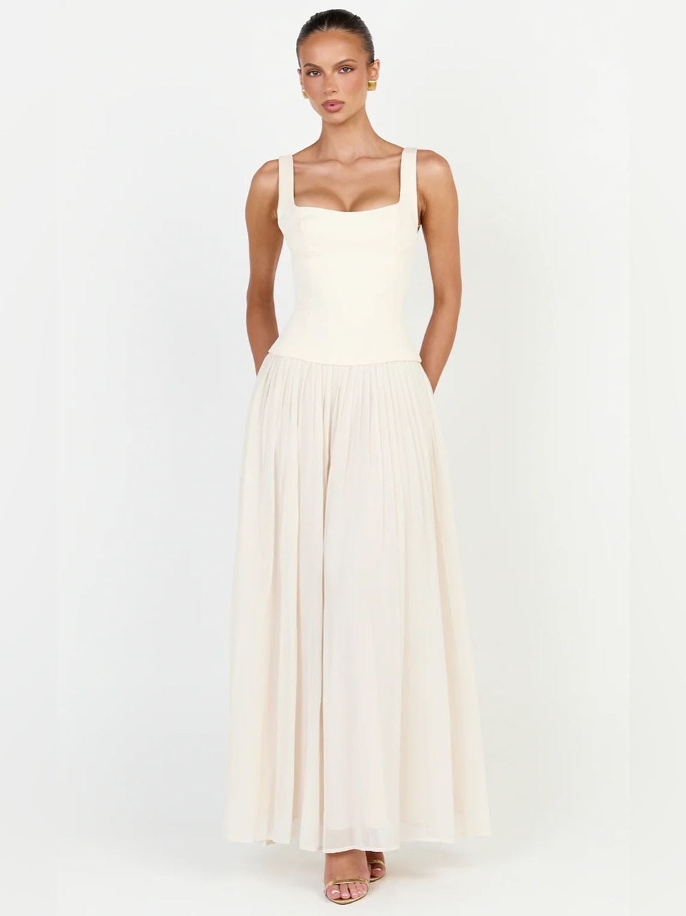 Showpo AMOURA MAXI DRESS Square Neck Contrast Pleated Georgette Dress In Cream